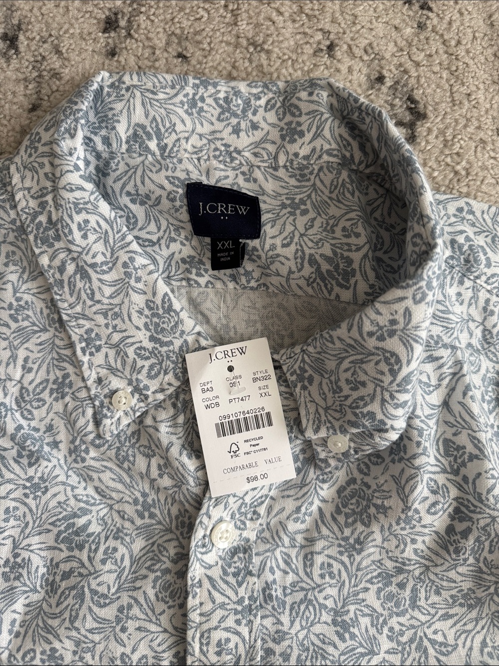 J. Crew Men's White Shirt with Light Blue Floral Print size XXL